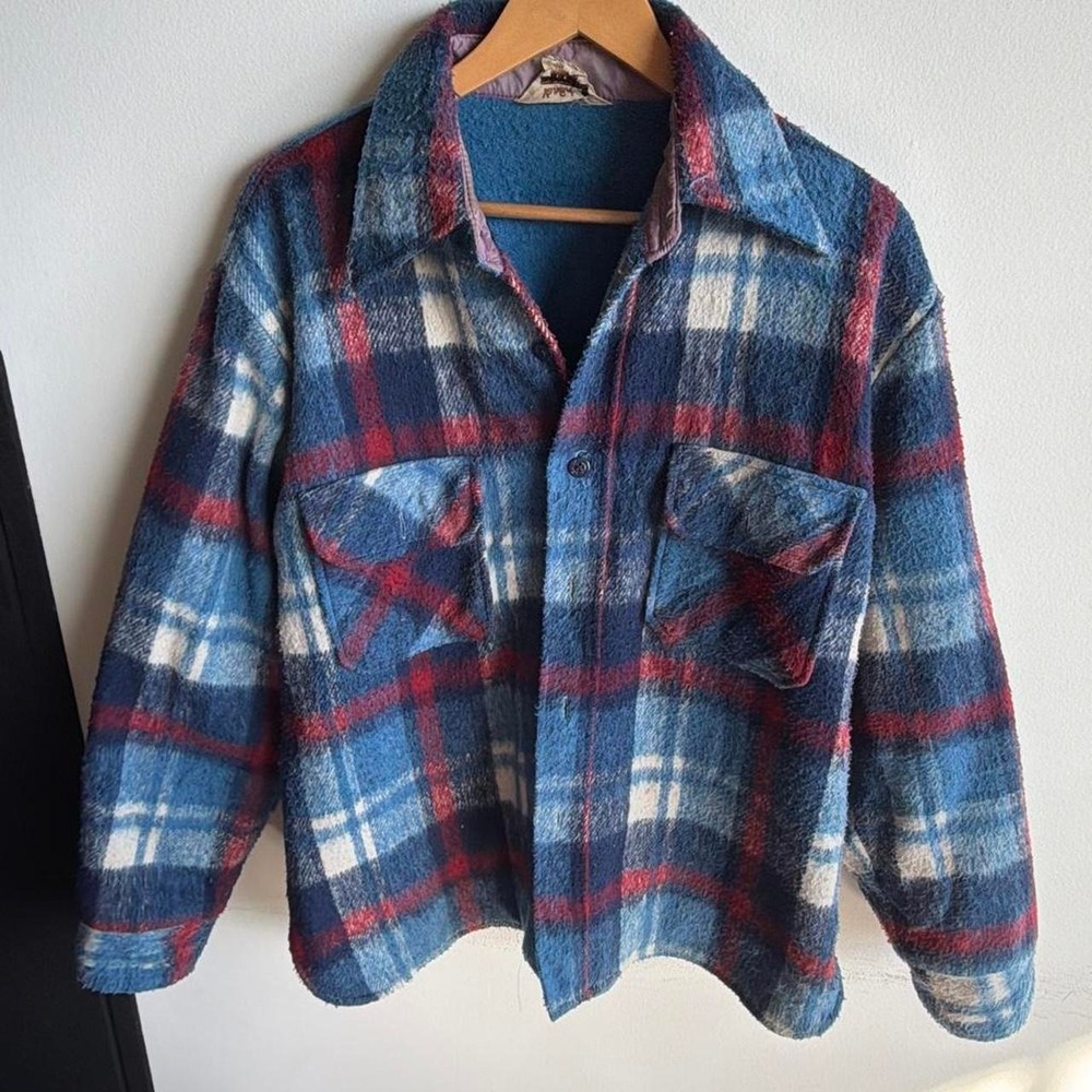 Vintage Van Cort Wool Blend Plaid Flannel Jacket Blue Red XL F.W. Woolworth Co.